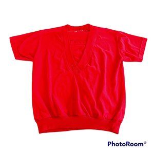 Vintage Retro Red Short Sleeve V Neck Pullover Light Weight Sweatshirt Blouse M